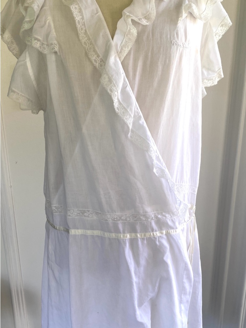 Nina Ricci White Sheer cotton wrap Dress with Lace Ruffle Trim